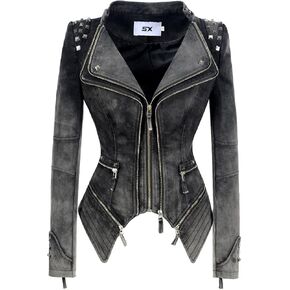 Fashion SX Womens Rivet Faux Leather Jacket Zipper Moto Biker Denim coat Motorcycle Outwear in Saudi Arabia