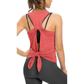 Sanutch Open Back Workout Top Backless Yoga Shirts Tie Back Workout Tank for Women