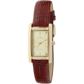 Peugeot Women's Classic 14Kt Gold Plated Watch, Rectangular Tank Shape Case with Leather Band and Easy to Read Dial