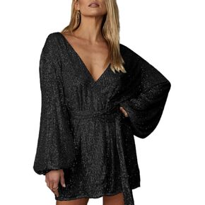 Ababalaya Sparkly Sequin Mini Wrap Dress for Women V-Neck Long Puff Sleeve Glitter Clubwear Party Outfits Wrap Around Dresses
