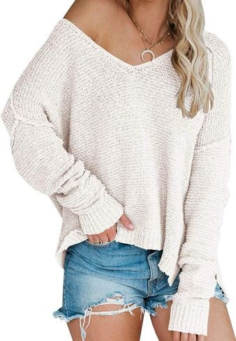 Women’s Off Shoulder Knit Sweaters Oversized V Neck Long Sleeve Loose Lightweight Pullover Tops in Kuwait
