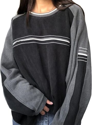 Y2K سترات فضفاضة عتيقة كم طويل رقبة مستديرة مخططة مطبوعة 90s بلوفرات جمالية ملابس الشارع الشهير ربيع الخريف in Kuwait