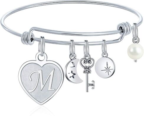M MOOHAM Initial Charm Bracelets for Women Gifts - Engraved 26 Letters Initial Charms Bracelet Stainless Steel Bangle Bracelet Birthday Christmas Jewelry Gift for Women Teen Girls in Kuwait