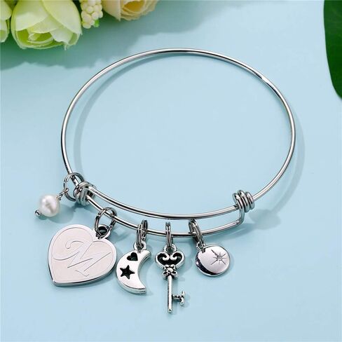 M MOOHAM Initial Charm Bracelets for Women Gifts - Engraved 26 Letters Initial Charms Bracelet Stainless Steel Bangle Bracelet Birthday Christmas Jewelry Gift for Women Teen Girls in Kuwait