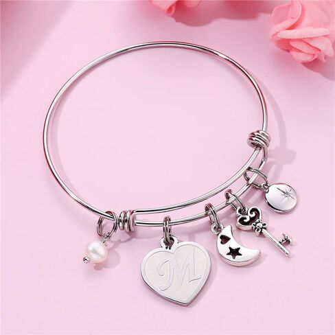 M MOOHAM Initial Charm Bracelets for Women Gifts - Engraved 26 Letters Initial Charms Bracelet Stainless Steel Bangle Bracelet Birthday Christmas Jewelry Gift for Women Teen Girls in Kuwait