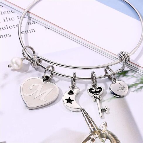 M MOOHAM Initial Charm Bracelets for Women Gifts - Engraved 26 Letters Initial Charms Bracelet Stainless Steel Bangle Bracelet Birthday Christmas Jewelry Gift for Women Teen Girls in Kuwait