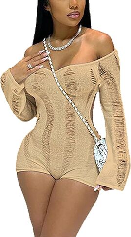 Tinodu Women Sexy Off Shoulder Crochet Knitted Hollow Out Long Sleeve Romper Backless Bodycon Party Club Night Rompers in Kuwait