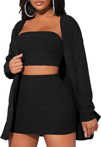 Verdusa Women's 3 Piece Outfit Crop Bandeau Top and Bodycon Skirt with Cardigan in Kuwait