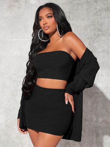 Verdusa Women's 3 Piece Outfit Crop Bandeau Top and Bodycon Skirt with Cardigan in Kuwait