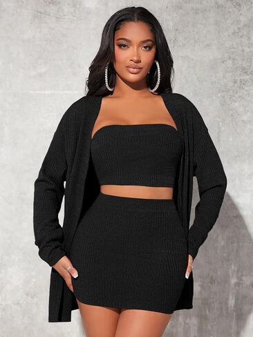 Verdusa Women's 3 Piece Outfit Crop Bandeau Top and Bodycon Skirt with Cardigan in Kuwait