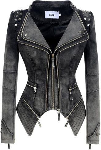 سترة نسائية من الجلد الصناعي ببرشام من Fashion SX مع سحاب لراكبي الدراجات النارية من قماش الدنيم ملابس خارجية للدراجة النارية in Kuwait