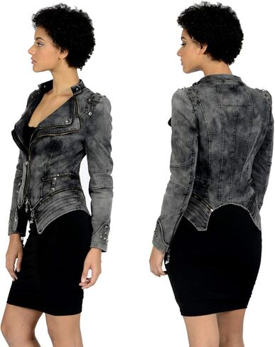 سترة نسائية من الجلد الصناعي ببرشام من Fashion SX مع سحاب لراكبي الدراجات النارية من قماش الدنيم ملابس خارجية للدراجة النارية in Kuwait