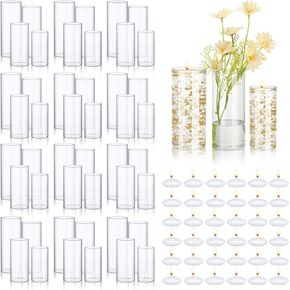 Mifoci 24 Pcs Wedding Glass Cylinder Vases 24 Pcs Artificial Pearl String 48 Pcs Floating Candle Vases Filler Set Clear Vase Cylinder Candle Holder for Christmas Party Table Decor, 4 Size(White)
