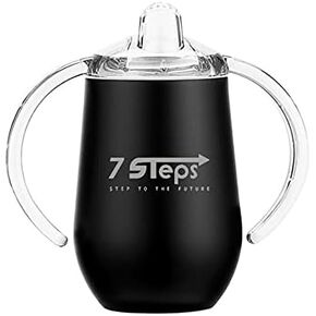 7 Steps - 10 Oz Stainless Steel Baby Children Kids Sippy Cup Tumbler - Double Wall - Vacuum Insulated - BPA Free - No Leak - No Spill (Black)