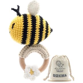 DICHA Crochet Bee Baby Rattle - Sensory Toy for Babies - Ideal for Baby Shower - Includes Beech Teething Ring