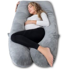 انجيكي وسادة حمل 60 انش على شكل حرف U، وسادة لكامل الجسم للنساء الحوامل/النائمة على الجانب، وسادة حمل مع غطاء مخملي، رمادي in Kuwait