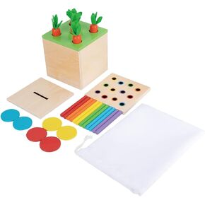 Adena Montessori 4 in 1 Wooden Play Kit Baby Toys,Object Permanence Box,Matchstick Color Drop Game,Carrot Harvest and Coin Box,Ball Drop Toy for Kid 1,2,3 Year Old,Girl Boy Gift for Baby 6-12 Month