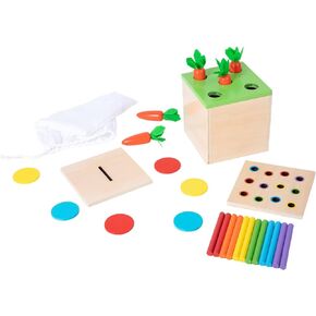 Adena Montessori 5 in 1 Wooden Play Kit for Babies 6-12 Months | Object permanence, drop, carrot, coin - builds motor skills and hand-eye, durable, colorful self-play. in Kuwait