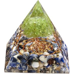 mookaitedecor Tree of Life Peridot and Sodalite Crystal Orgone Pyramid with Copper Wire Energy Generator for Protection Meditation Home Office Decor
