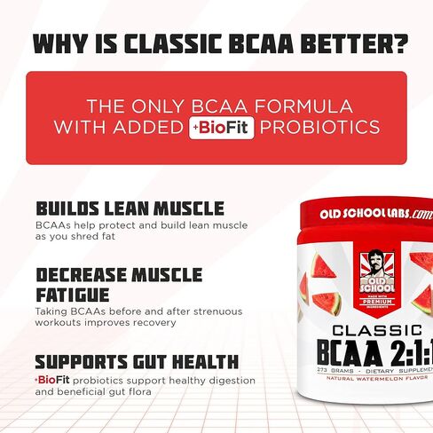 Old School Labs Classic BCAA 2:1:1 - أحماض أمينية متفرعة السلسلة للعضلات الهزيلة والتعافي مع البروبيوتيك الحيوي - نكهة البطيخ الطبيعية تصنع مشروبًا لذيذًا أثناء أي نشاط in Kuwait