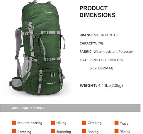 حقيبة ظهر بإطار داخلي من MOUNTAINTOP 70L للتخييم وحقيبة الظهر والمشي لمسافات طويلة للرجال والنساء مع غطاء للمطر in Kuwait