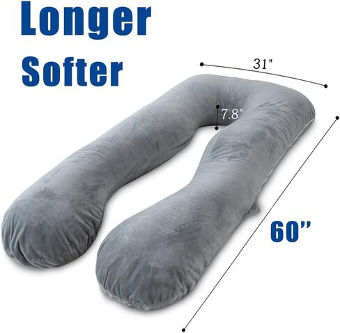 انجيكي وسادة حمل 60 انش على شكل حرف U، وسادة لكامل الجسم للنساء الحوامل/النائمة على الجانب، وسادة حمل مع غطاء مخملي، رمادي in Kuwait