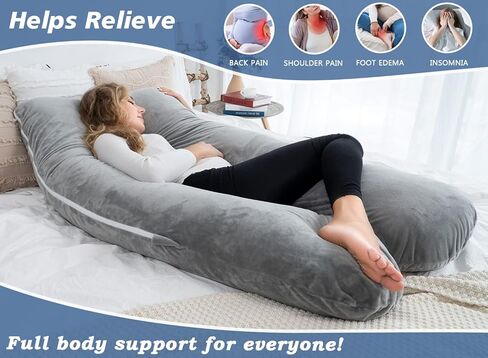 انجيكي وسادة حمل 60 انش على شكل حرف U، وسادة لكامل الجسم للنساء الحوامل/النائمة على الجانب، وسادة حمل مع غطاء مخملي، رمادي in Kuwait