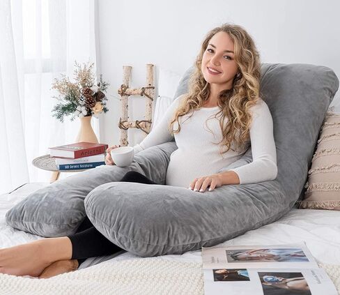 انجيكي وسادة حمل 60 انش على شكل حرف U، وسادة لكامل الجسم للنساء الحوامل/النائمة على الجانب، وسادة حمل مع غطاء مخملي، رمادي in Kuwait