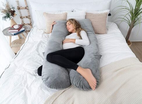 انجيكي وسادة حمل 60 انش على شكل حرف U، وسادة لكامل الجسم للنساء الحوامل/النائمة على الجانب، وسادة حمل مع غطاء مخملي، رمادي in Kuwait