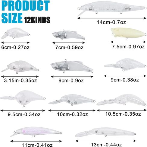 Unpainted Fishing Lures Crankbait Blanks Hard Lures Kit with 3D Eyes Blank Fishing Lure Making Kit Lipless Crankbait Minnow Popper Jerkbait VIB Clear Bodies in Saudi Arabia