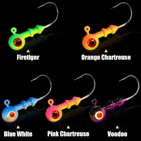 رؤوس تهزهز دائرية لصيد الأسماك، رؤوس تهزهز مطلية، رؤوس ووالي باس، خطافات صيد سمك الكرابي 3/8 أونصة 1/4 أونصة 3/16 أونصة 1/8 أونصة 1/16 أونصة، تشكيلة 25-50 حزمة in Kuwait