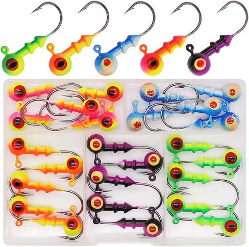 رؤوس تهزهز دائرية لصيد الأسماك، رؤوس تهزهز مطلية، رؤوس ووالي باس، خطافات صيد سمك الكرابي 3/8 أونصة 1/4 أونصة 3/16 أونصة 1/8 أونصة 1/16 أونصة، تشكيلة 25-50 حزمة in Kuwait