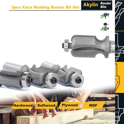 Akylin 3Pcs Wood-face Molding Router Bit Set,1/2" Shank,Decorative Edge Bits Radius 1/8",5/32",3/16",Edging Cutter for Wood Profiling,Routing,Molding in Saudi Arabia