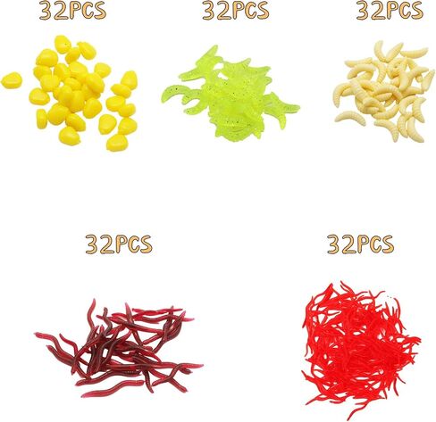 160 قطعة من طُعم الصيد البلاستيكية الناعمة من LIGHUFEIC - شكل الذرة واليرقات ودودة الأرض لصيد سمك السلمون المرقط والبحيرة والجليد بشكل فعال في المياه العذبة والمياه المالحة in Kuwait