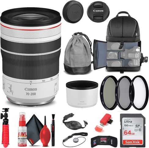 عدسة Canon RF 70-200mm f/4L هي عدسة USM (4318C002) + طقم فلتر + حقيبة ظهر + بطاقة سعة 64 جيجابايت + قارئ بطاقات + حامل ثلاثي مرن + محفظة ذاكرة + حافظة للأغطية + طقم تنظيف + حزام يد + المزيد (متجدد) in Saudi Arabia