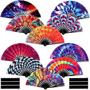 Tradder 10 Pcs Large Rave Hand Fan Folding Fan with Bamboo Ribs for Men Women Chinese Japanese Rainbow Fan with Bags for Drag Queen Dance Music Festival Club Party (Fresh) in Kuwait