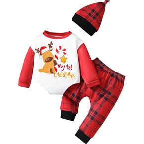 WOLBAY الوليد بيبي بوي فتاة زي عيد الميلاد سانتا الغزلان رومبير ارتداءها منقوشة السراويل قبعة 3 قطعة الملابس مجموعة 0-18 متر in Kuwait