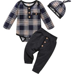 GRNSHTS الوليد بيبي بوي ملابس طويلة الأكمام منقوشة رومبير بلوزات سراويل تقليدية قبعة 3 قطعة الرضع الصبي الخريف الشتاء وتتسابق مجموعة in Kuwait