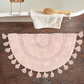 Half Circle Boho Bathroom Rug with Tassels 100% Cotton Hand-Woven Bath Mat Non Slip Absorbent Bath Rugs with Rug Pad Washable Boho Bath Mat Carpet for Tub, Shower 20"x32" in Kuwait