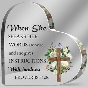 Religious Gifts for Women, Christianity Acrylic Heart Gift,Keepsake Sign Decor, Inspirational Christian Gifts, Bible Verses Decor, When She Speaks Her Words Are Wise，prayer room decor for women