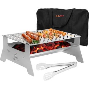 only fire Portable Charcoal Grill, Heavy Duty Stainless Steel Foldable Barbecue Grill with Carry Bag and BBQ Tong for Patio Backyard, Outdoor Camping, Picnic and Hikin