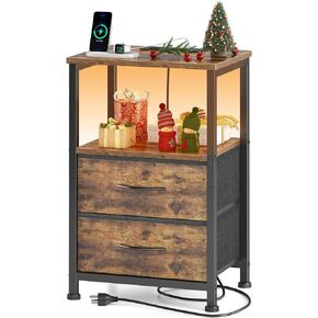 منضدة Mr IRONSTONE مع قاعدة شحن، حامل ليلي LED مع درجين من القماش، طاولة بجانب السرير مع منافذ ومنافذ USB، طاولة نهاية لغرفة النوم، بني ريفي in Kuwait