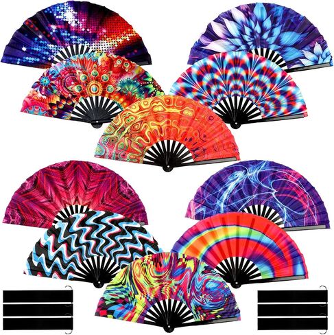 Tradder 10 Pcs Large Rave Hand Fan Folding Fan with Bamboo Ribs for Men Women Chinese Japanese Rainbow Fan with Bags for Drag Queen Dance Music Festival Club Party (Fresh) in Kuwait