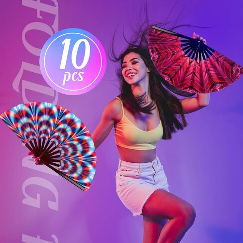 Tradder 10 Pcs Large Rave Hand Fan Folding Fan with Bamboo Ribs for Men Women Chinese Japanese Rainbow Fan with Bags for Drag Queen Dance Music Festival Club Party (Fresh) in Kuwait