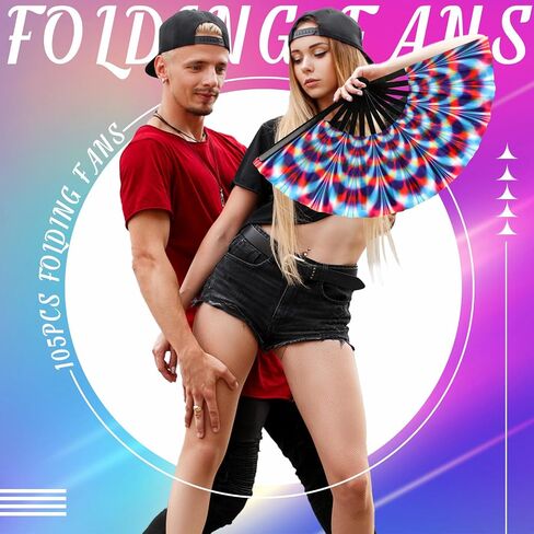 Tradder 10 Pcs Large Rave Hand Fan Folding Fan with Bamboo Ribs for Men Women Chinese Japanese Rainbow Fan with Bags for Drag Queen Dance Music Festival Club Party (Fresh) in Kuwait