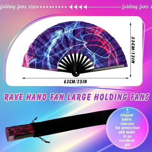 Tradder 10 Pcs Large Rave Hand Fan Folding Fan with Bamboo Ribs for Men Women Chinese Japanese Rainbow Fan with Bags for Drag Queen Dance Music Festival Club Party (Fresh) in Kuwait