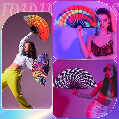 Tradder 10 Pcs Large Rave Hand Fan Folding Fan with Bamboo Ribs for Men Women Chinese Japanese Rainbow Fan with Bags for Drag Queen Dance Music Festival Club Party (Fresh) in Kuwait