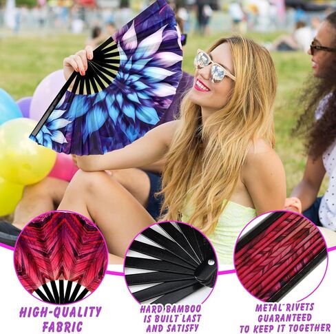 Tradder 10 Pcs Large Rave Hand Fan Folding Fan with Bamboo Ribs for Men Women Chinese Japanese Rainbow Fan with Bags for Drag Queen Dance Music Festival Club Party (Fresh) in Kuwait