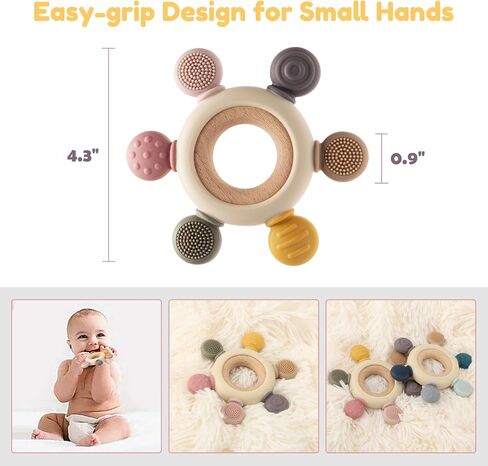 Baby Teething Toys for 0-6 6-12 Months, BPA Free Silicone Hand Teether Ring | 6 Textured Surface for Gum Relief, Easy to Grip, Dishwasher Safe, Infant Chew Toys, Newborn Gifts in Saudi Arabia