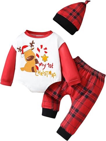 WOLBAY الوليد بيبي بوي فتاة زي عيد الميلاد سانتا الغزلان رومبير ارتداءها منقوشة السراويل قبعة 3 قطعة الملابس مجموعة 0-18 متر in Kuwait